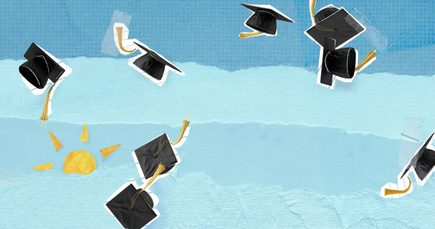 An illustration of graduation caps.